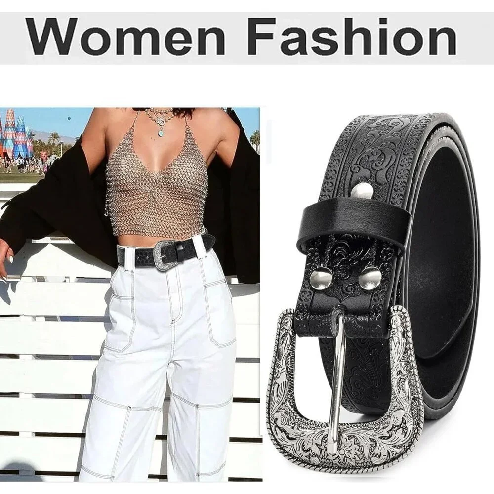 Women's Black 2 Adjustable Vintage Western Belts Engraved Buckle Cowgirl Belt